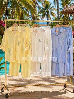 Italian Linen 2- Piece Button Down Shirt & Wide Leg Pants OS